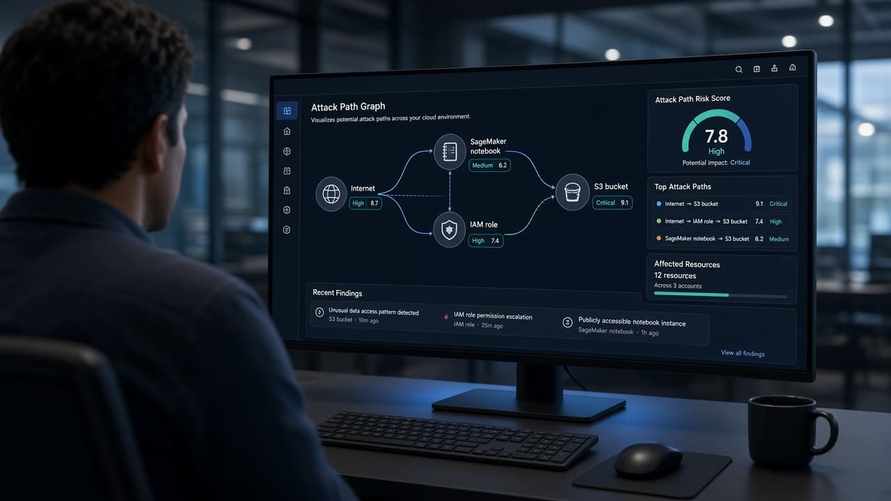 Security analyst reviewing an AI attack-path graph on a workstation